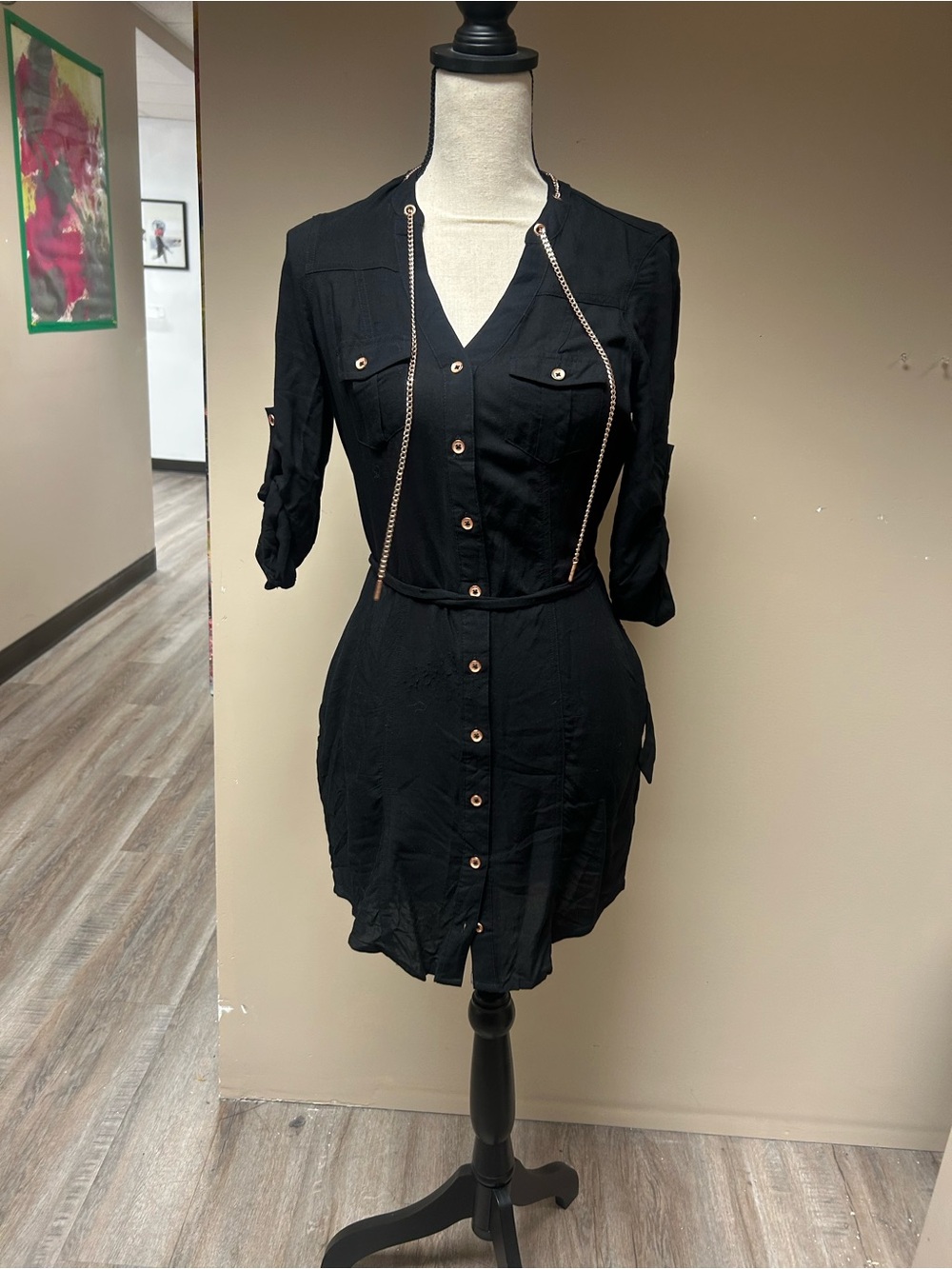 Guess Black Button-Front Mini Dress with Chain Detail